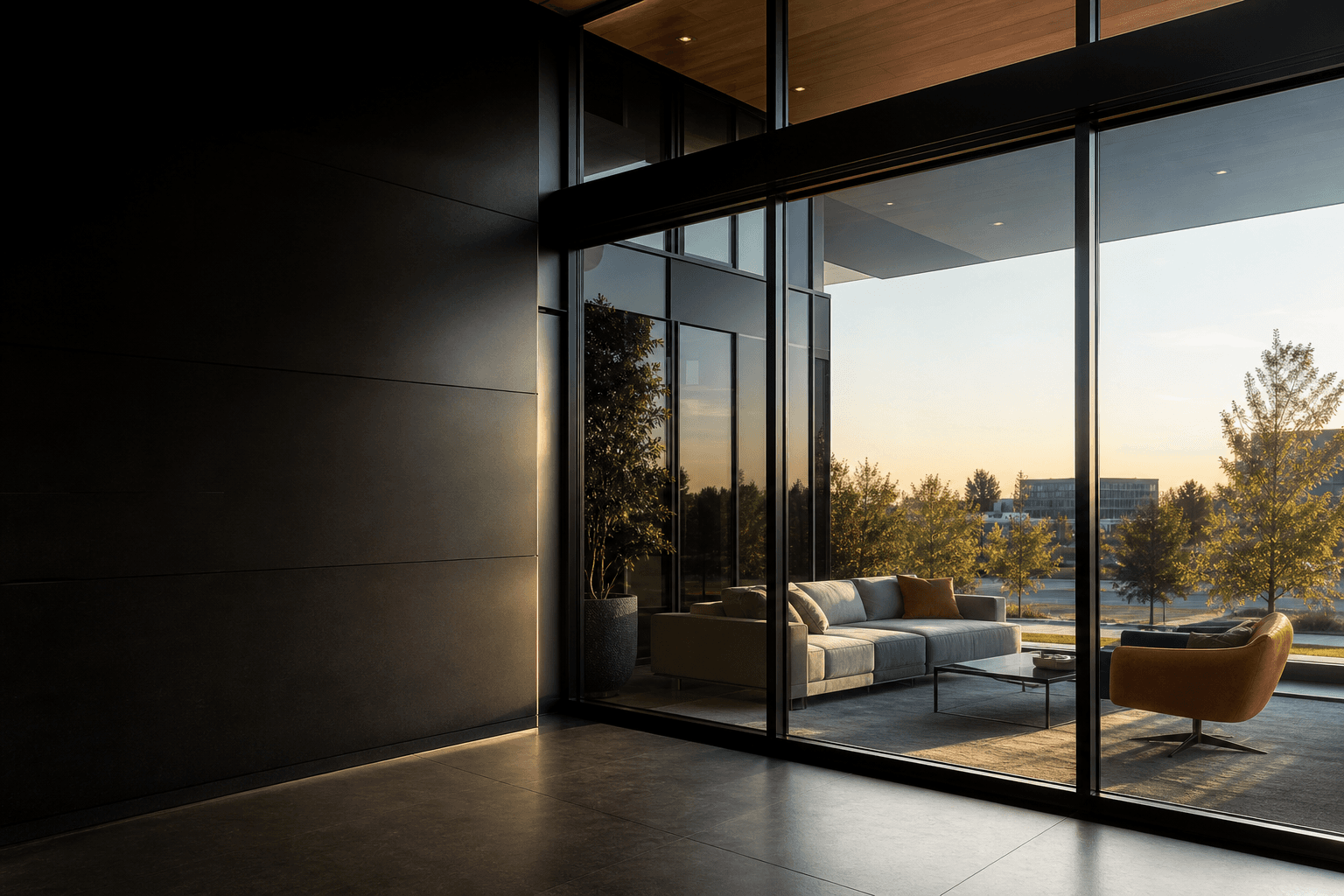 Office window film concept for glare control and professional glass